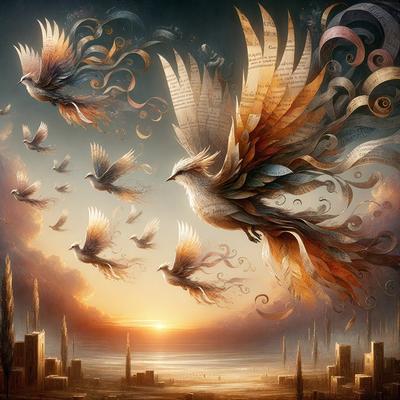 The primary subject of the image is a bird, which is the main focus of the scene. The bird is flying in the sky, surrounded by a group of smaller birds. The setting is a beautiful landscape with a sunset in the background, creating a serene and peaceful atmosphere. The visual style of the image is a digital art or illustration, showcasing the artist's creativity and skill in depicting the bird and its surroundings. The colors used in the image are warm and vibrant, with the